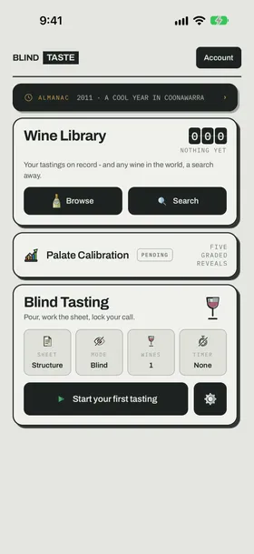Blind Taste app: the home screen on first run, with the tasting setup and Start your first tasting