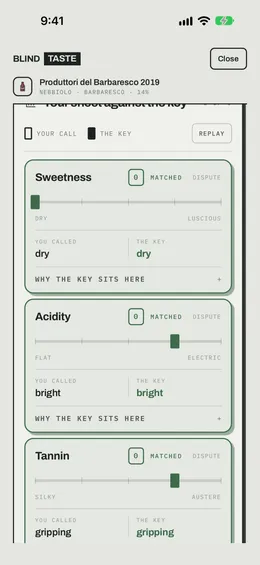 Blind Taste app: each axis of your sheet against the key, with the reason the key sits there