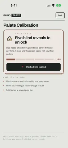 Blind Taste app: Palate Calibration, unlocked after five blind reveals