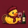Pixel art: a duck in a beret tasting red wine